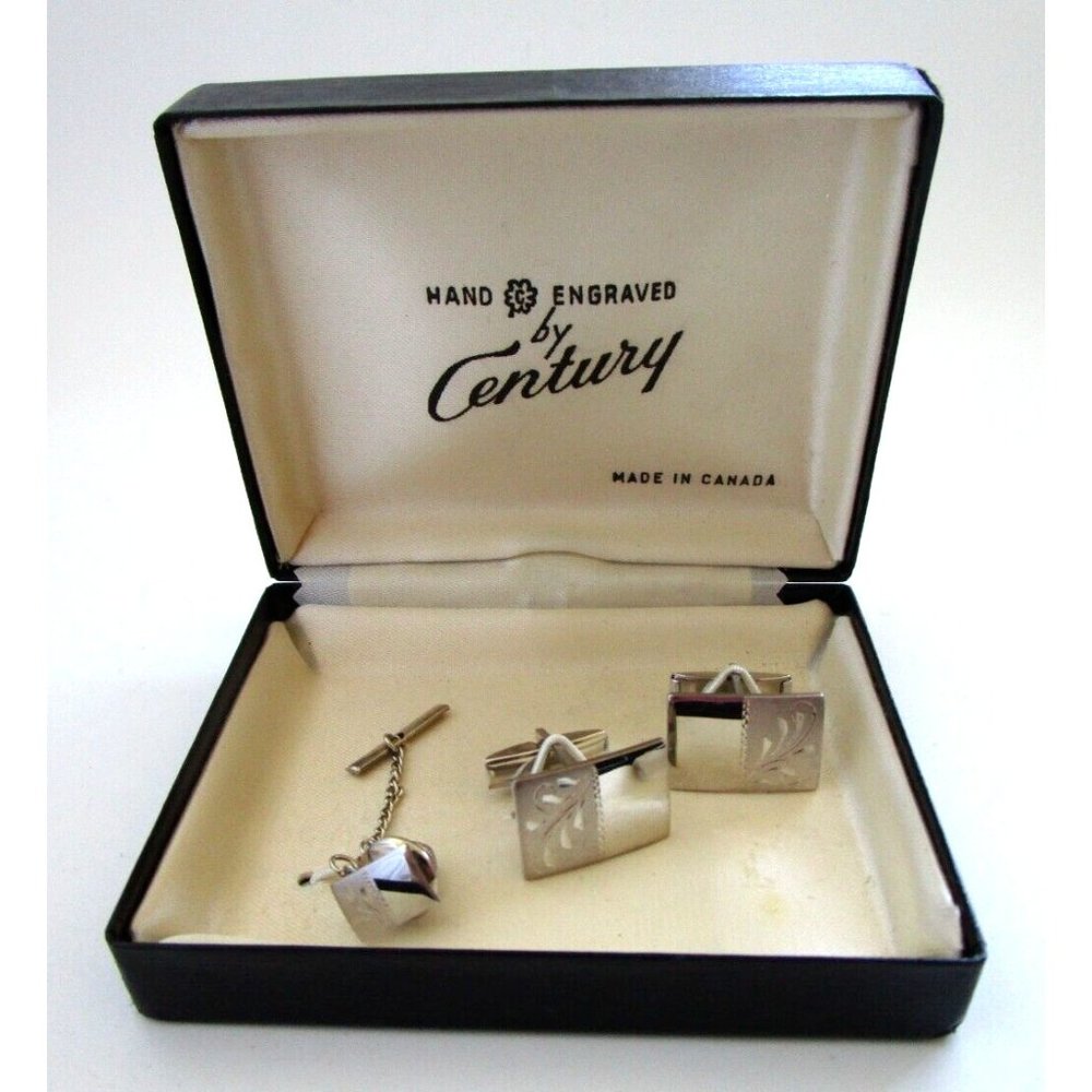 VTG Cufflinks and Tie Tack Boxed Hand Engraved "Century"  Silver Tone Set Canada